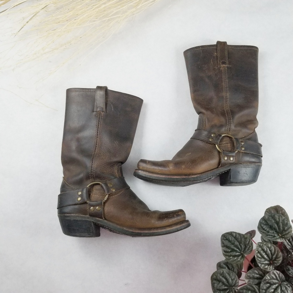 Frye 12r Distressed Brown Leather Harness Boots